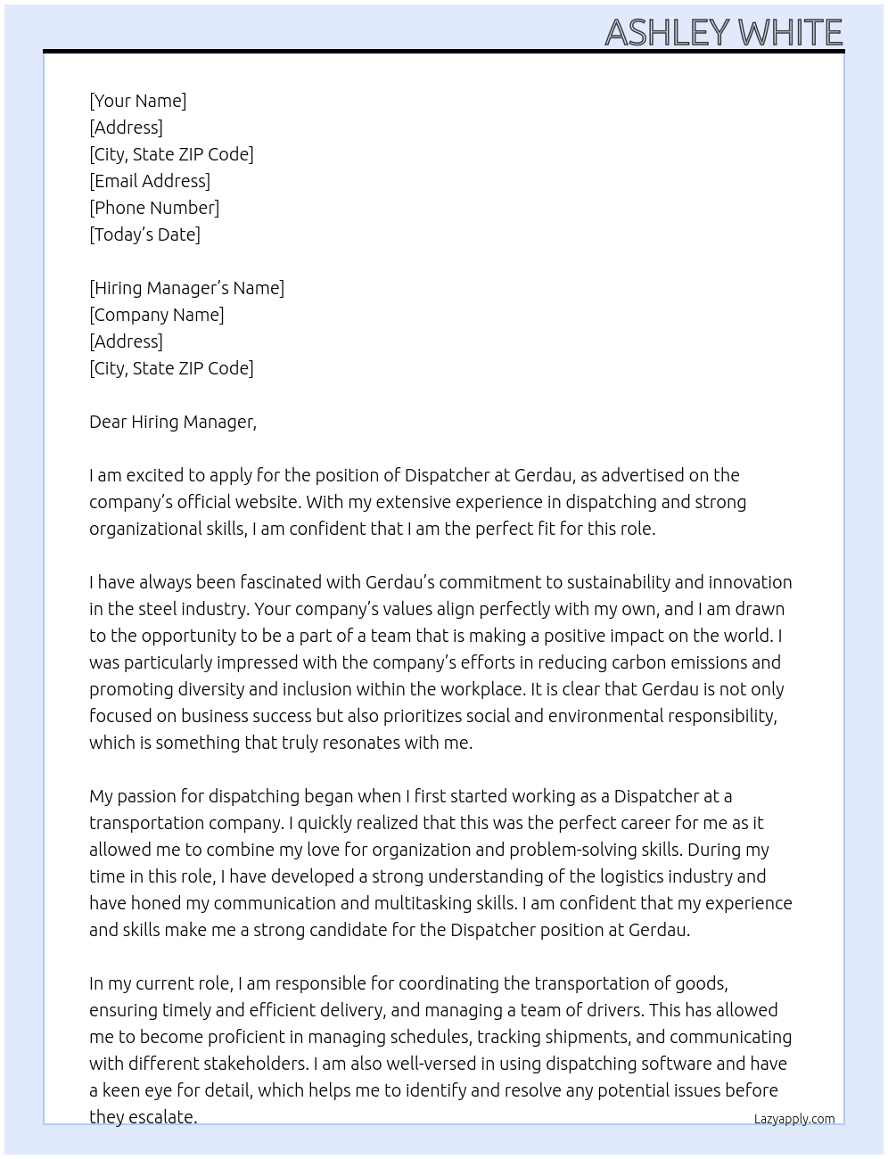 Dispatcher At Gerdau Cover Letter