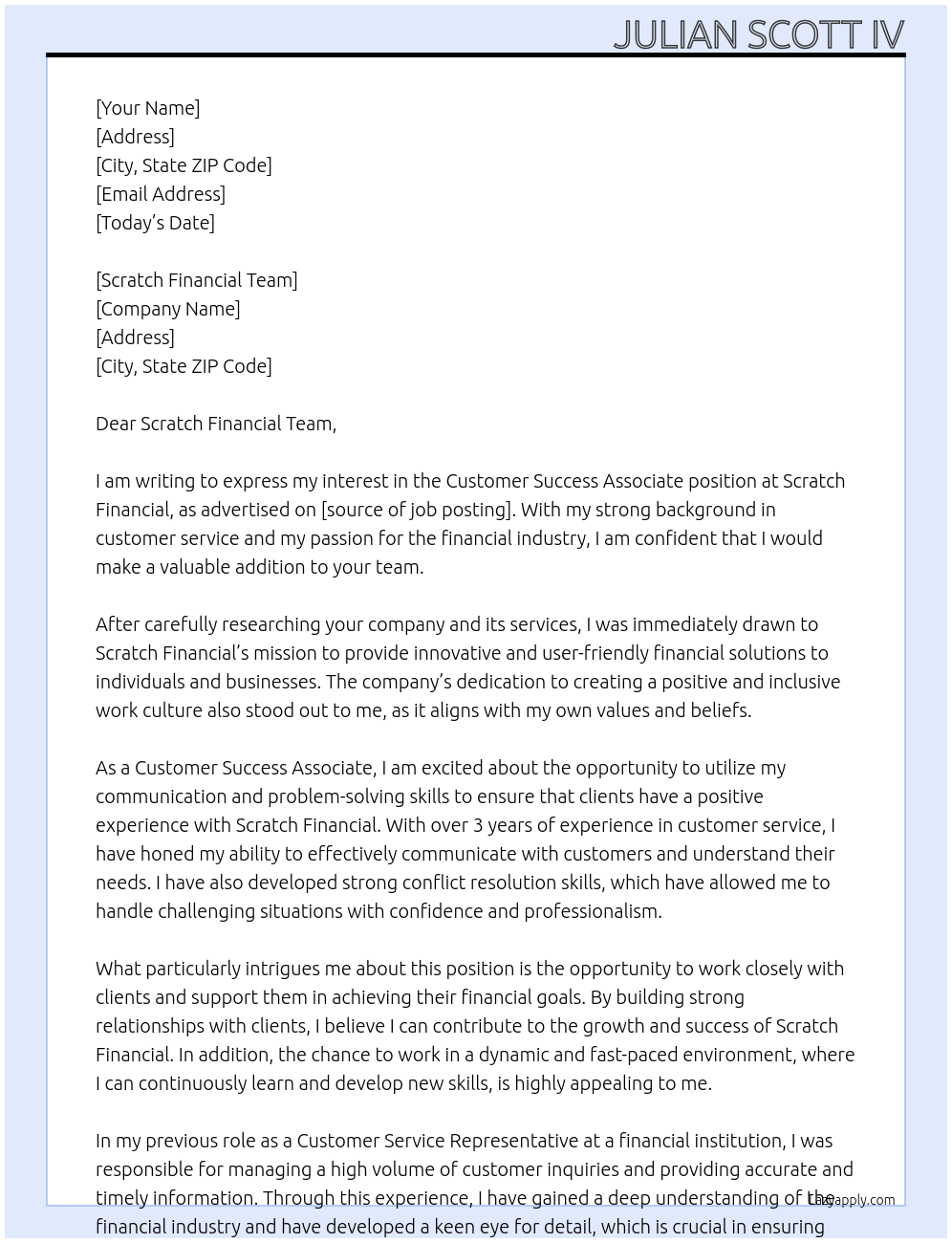 Customer Success Associate At Scratch Financial Cover Letter