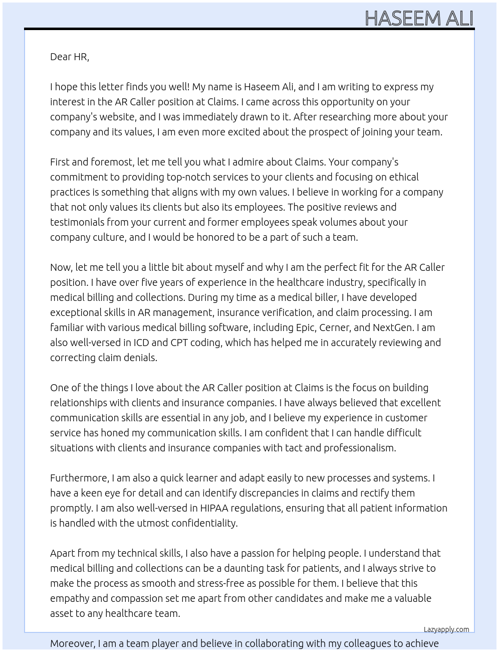 AR CALLER  At Claims Cover Letter