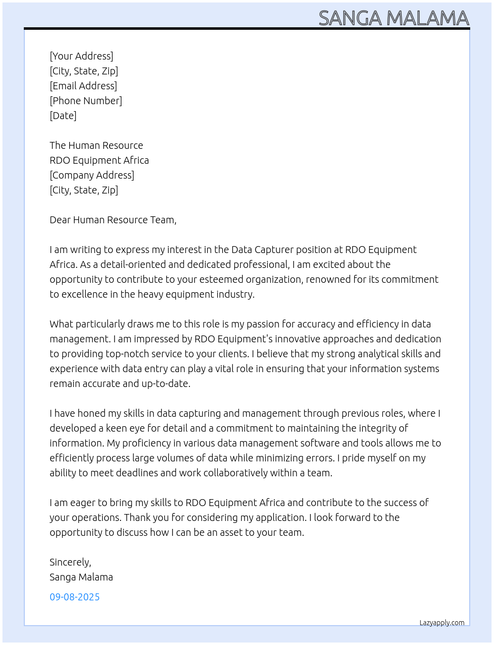 Data Capturer At RDO Equipment Africa Cover Letter