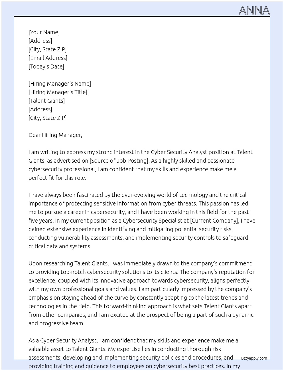 Cyber Security Analyst At Talent Giants Cover Letter