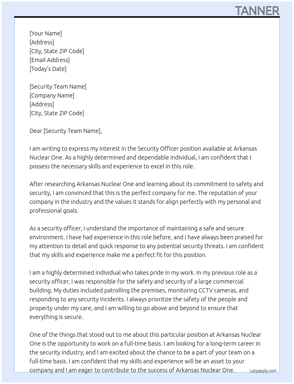 Security officer  At Arkansas nuclear one  Cover Letter