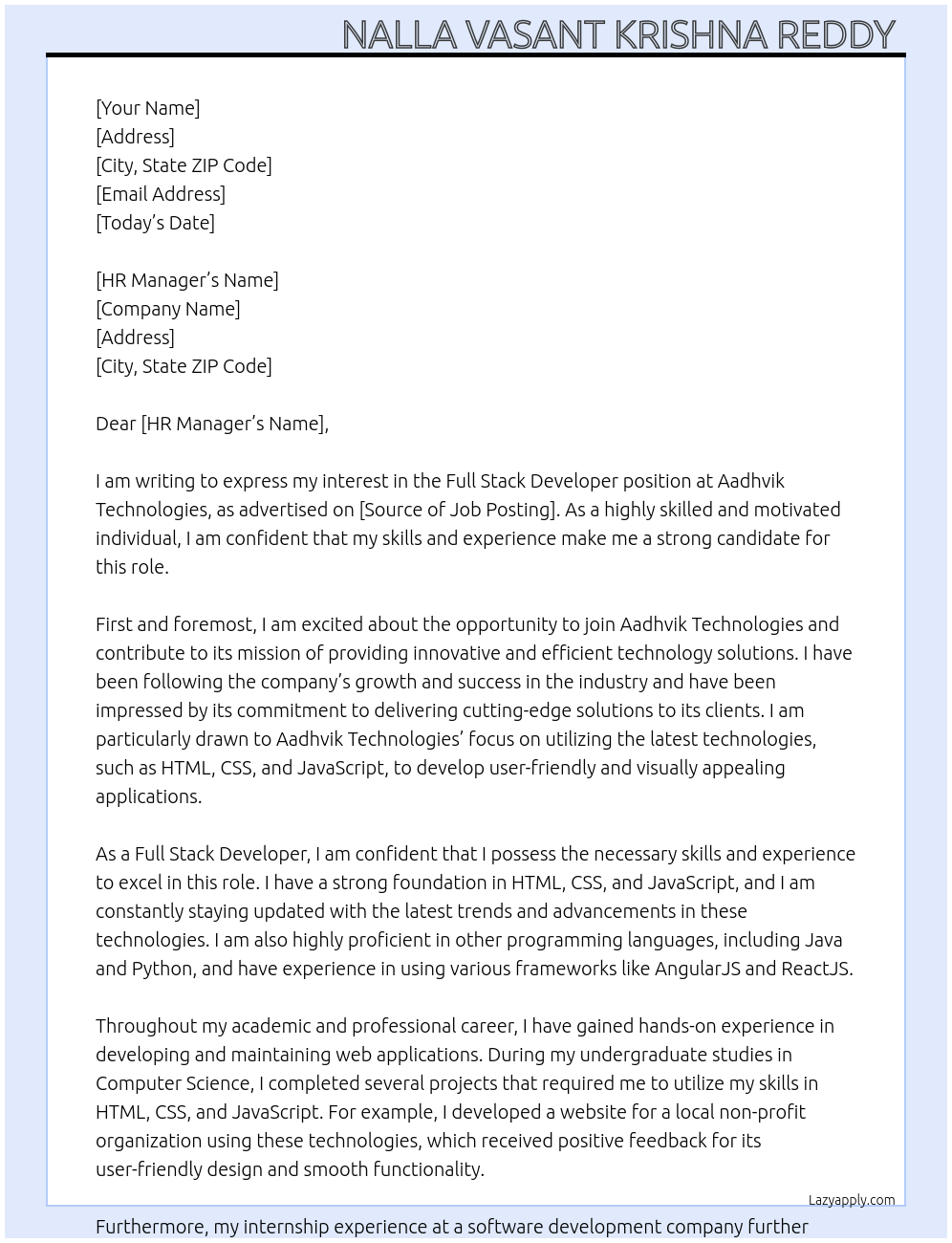 Full Stack Developer At Aadhvik Technologies Cover Letter