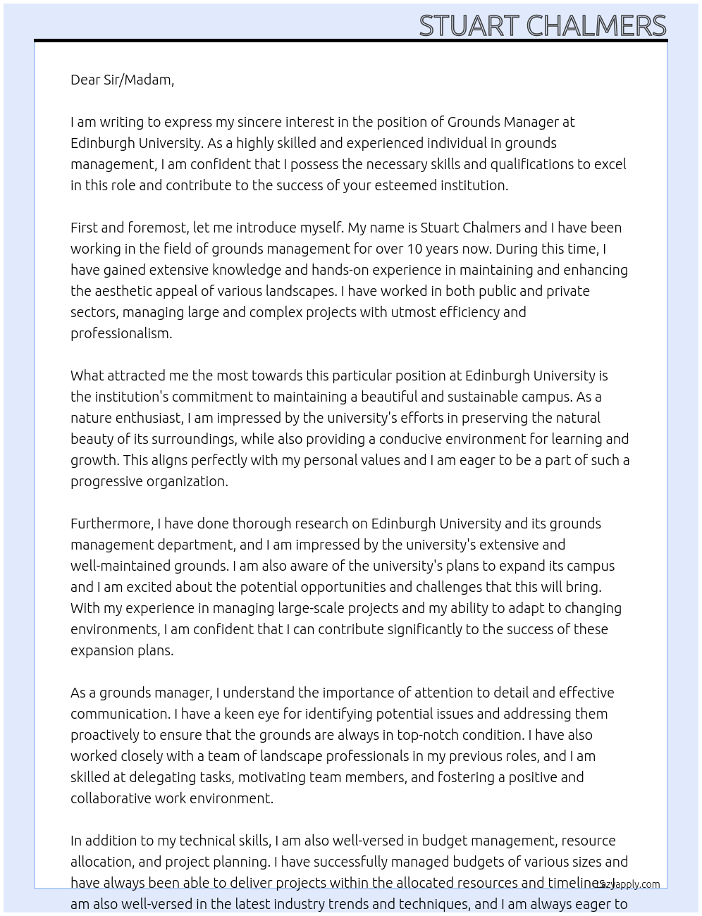 Grounds Manager At Edinburgh university Cover Letter