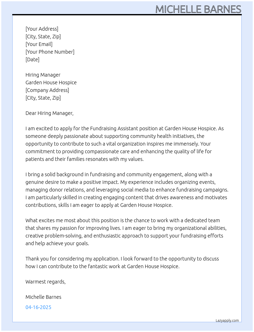 Fundraising Assistant At Garden House Hospice Cover Letter