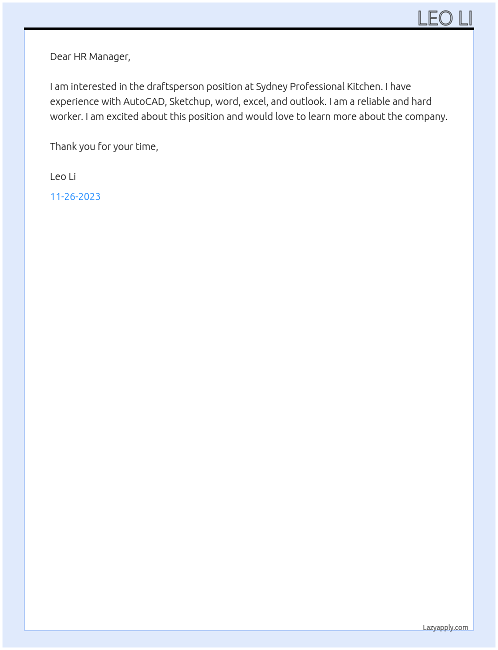 draftsperson At Sydney Professional Kitchen Cover Letter