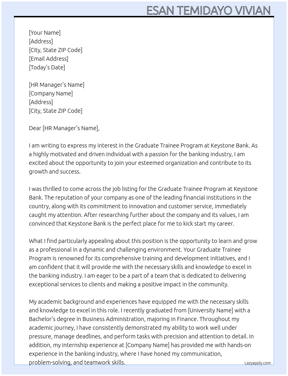 Graduate trainee program  At Keystone Bank Cover Letter