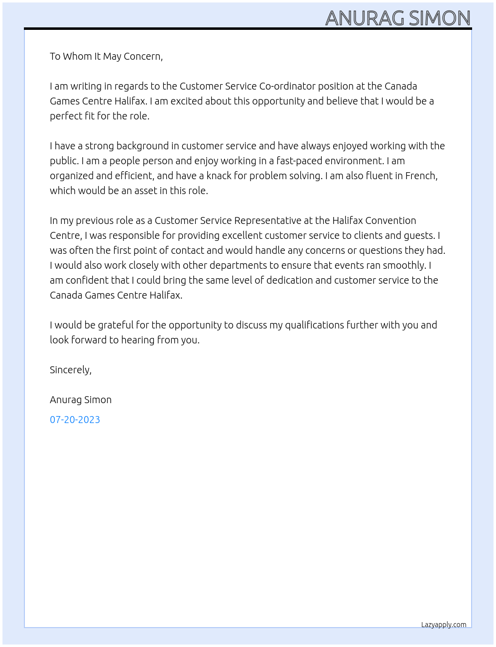 Customer Service Co-ordinator At Canada Games Centre Halifax Cover Letter