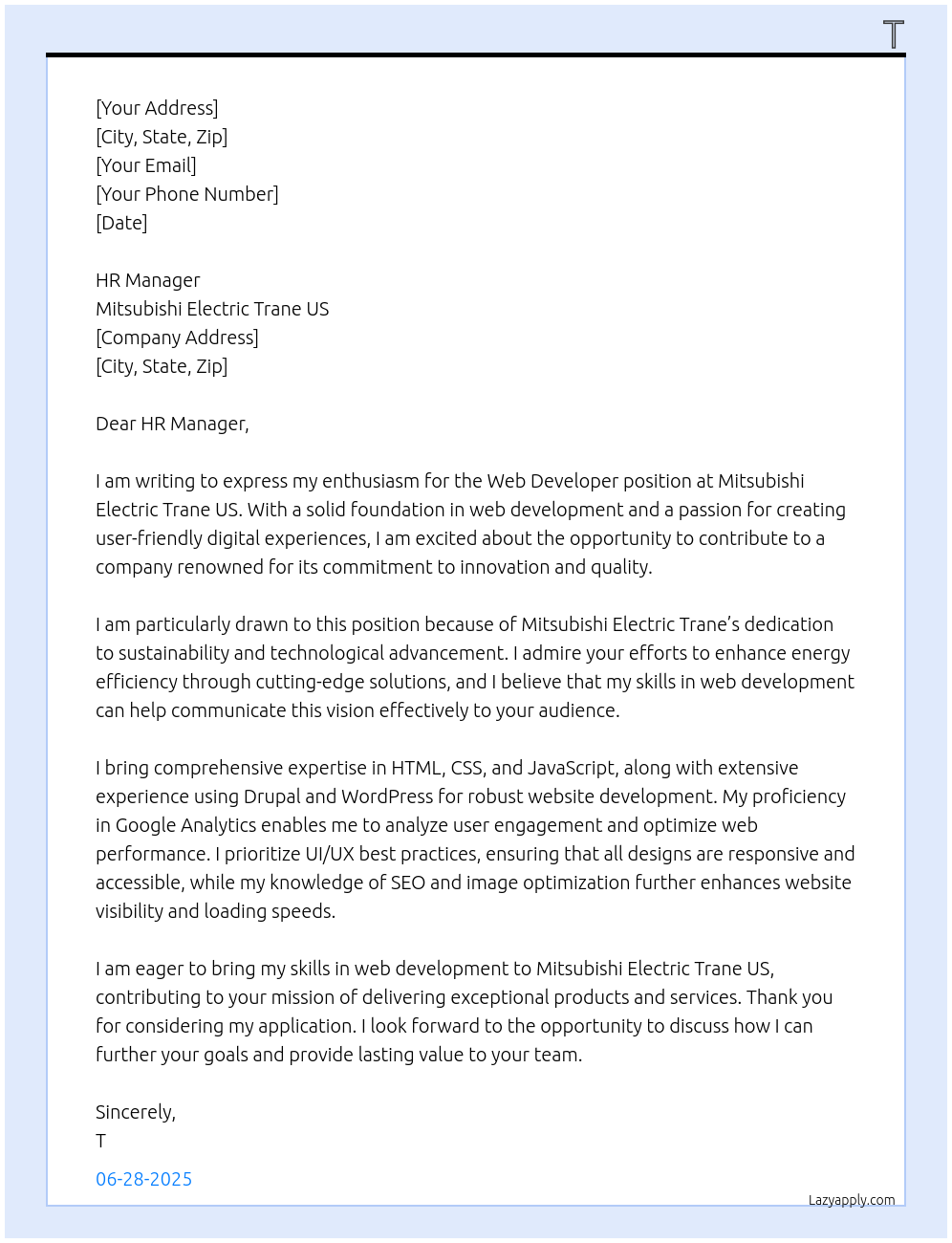 Web Developer At Mitsubishi Electric Trane US Cover Letter