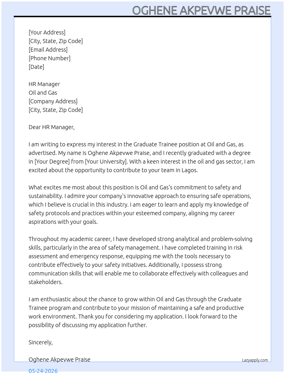 Graduate trainee  At Oil and gas  Cover Letter