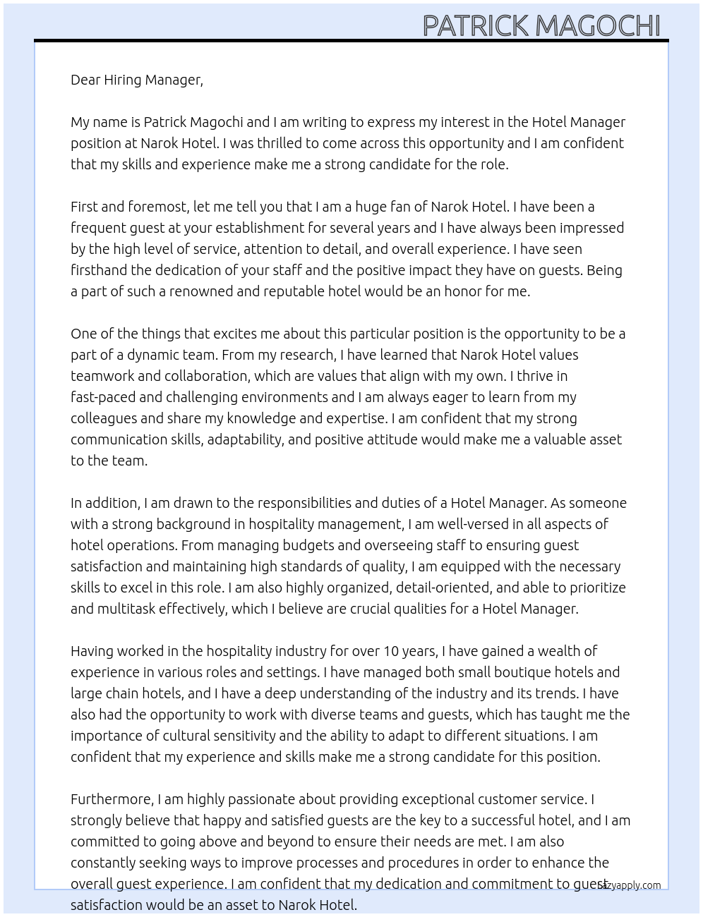 HOTEL MANAGER At NAROK HOTEL Cover Letter