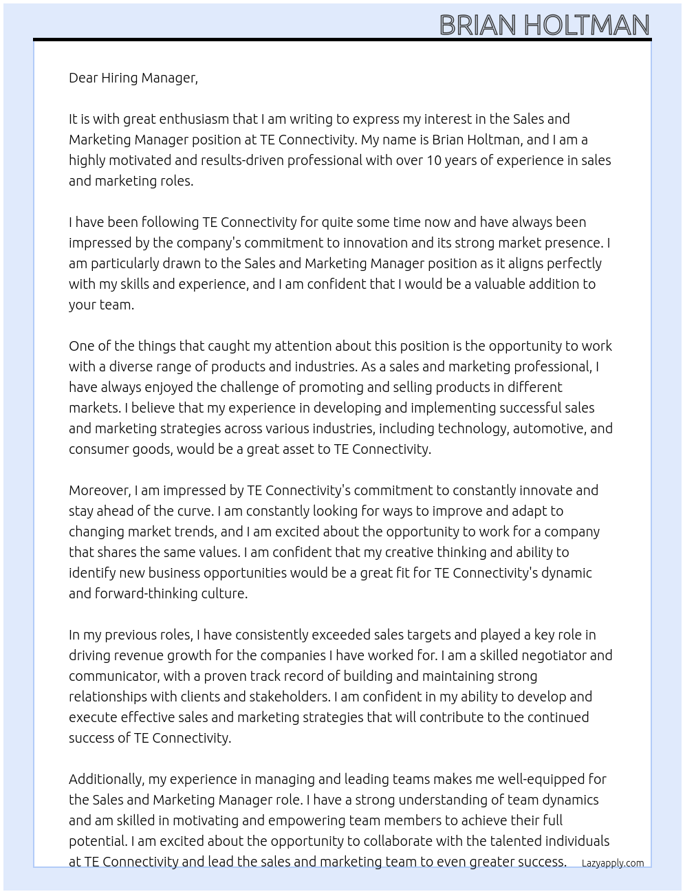 sales and marketing manager At TE Connectivity Cover Letter