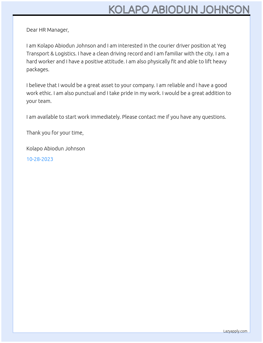 Courier driver At Yeg Transport & Logistics Cover Letter