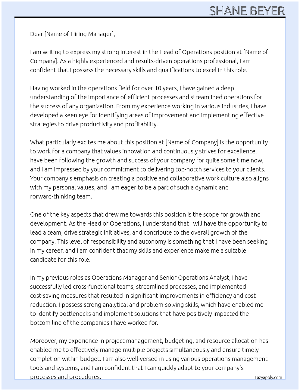 Head of Operations At . Cover Letter