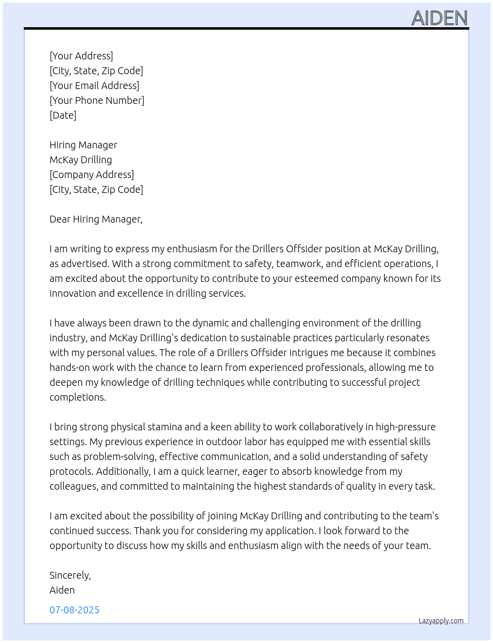 Cover letter for drillers offsider - LazyApply