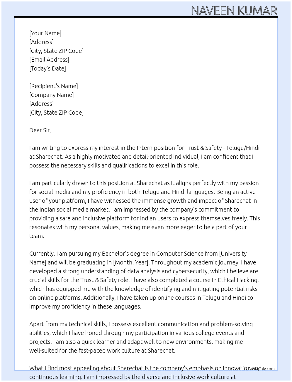 Intern (Trust & Safety - Telugu/Hindi At Sharechat Cover Letter