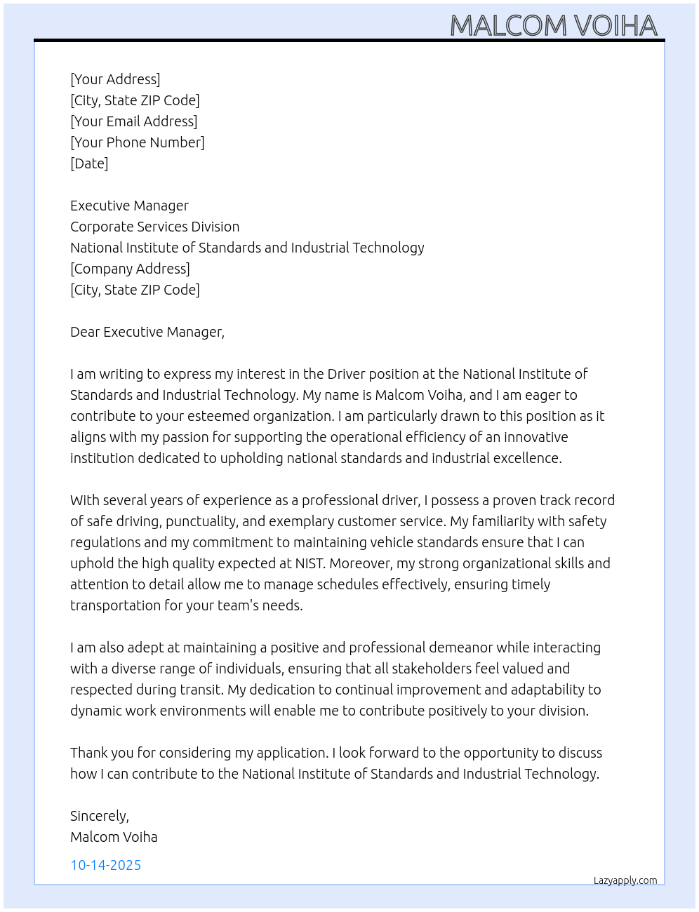 Driver  At National Institute of Standards and Industrial Technology  Cover Letter