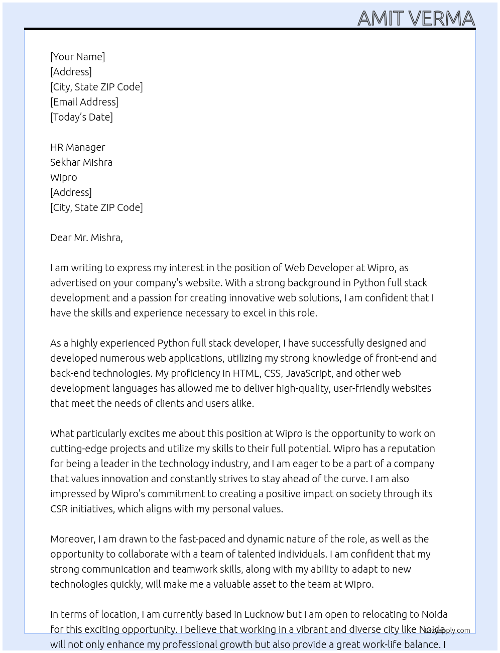 WEB DEVELOPER At WIPRO Cover Letter