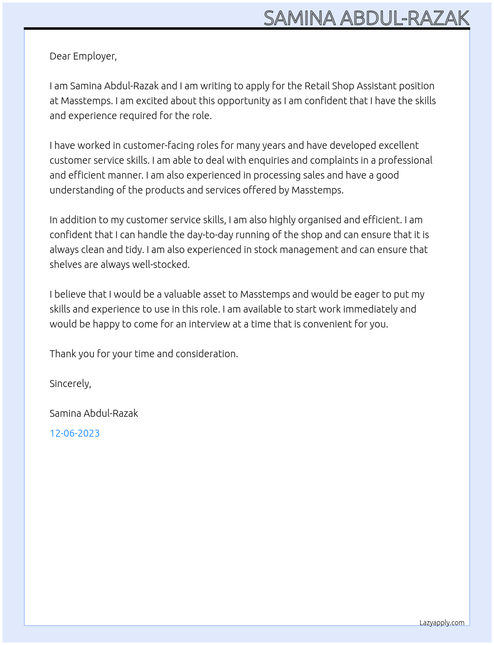 Retail Shop Assistant At Masstemps Cover Letter