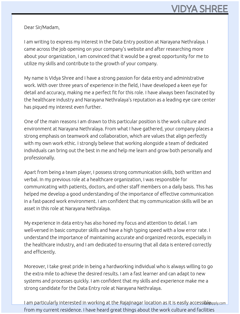 Data entry At Narayana Nethralaya Cover Letter