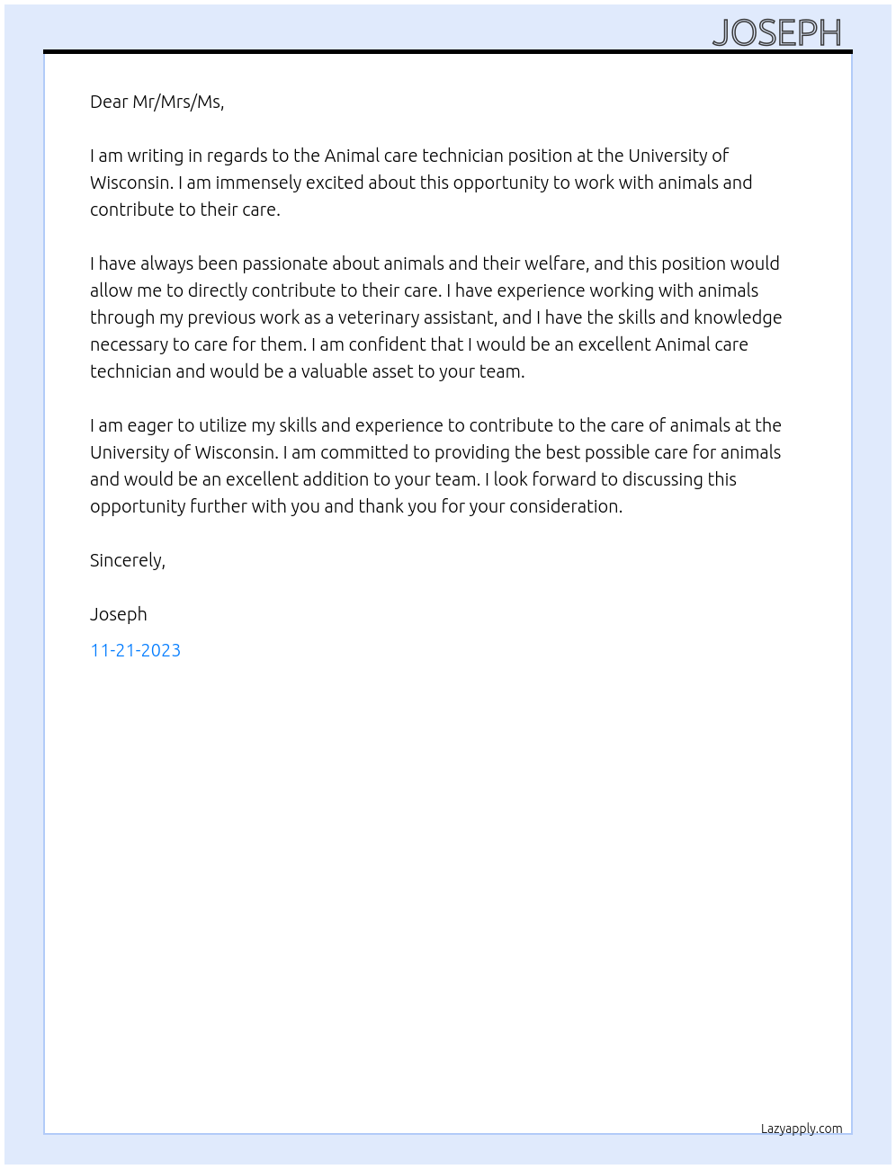 Animal care technician  At University of Wisconsin  Cover Letter