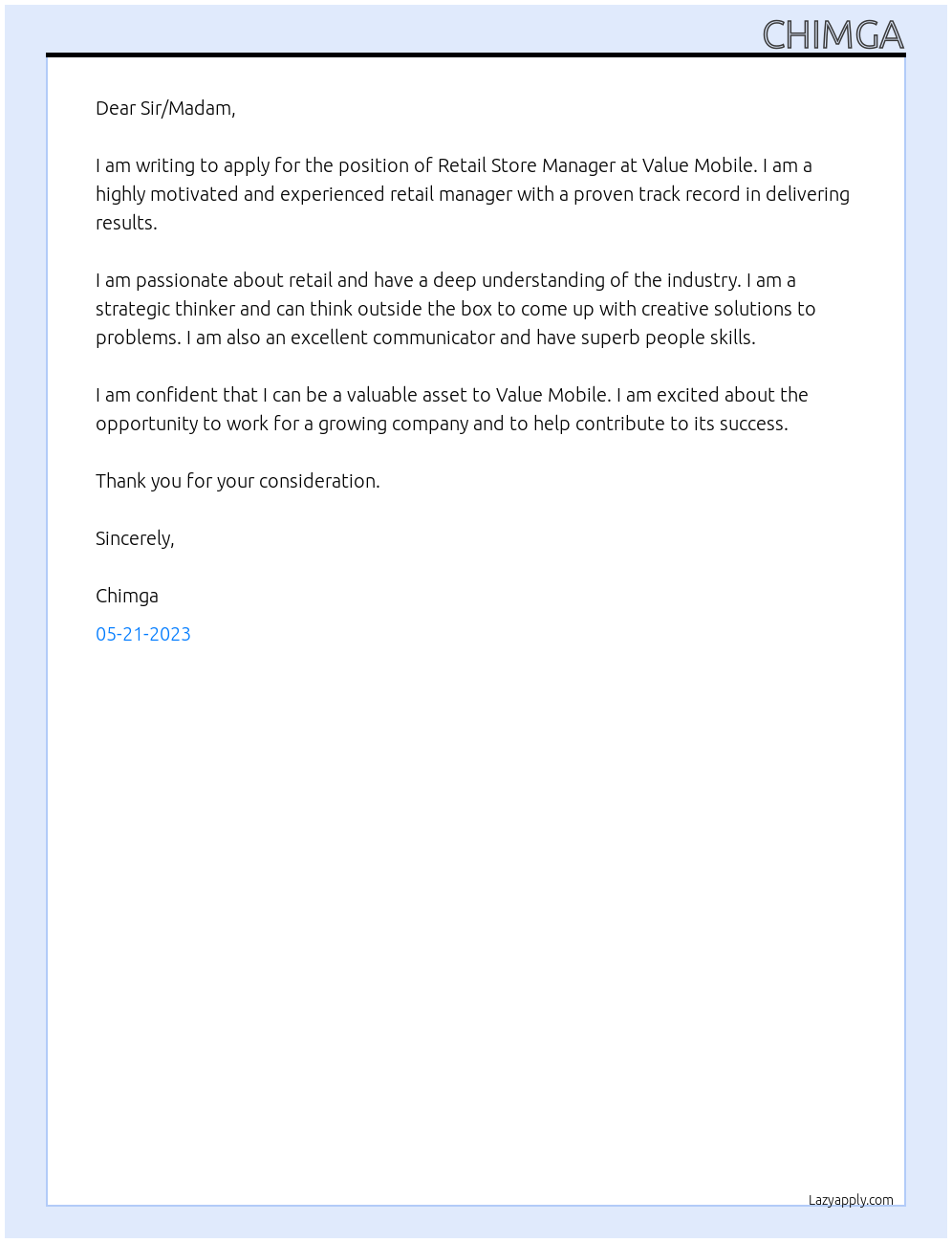 Retail store manager At Value Mobile Cover Letter