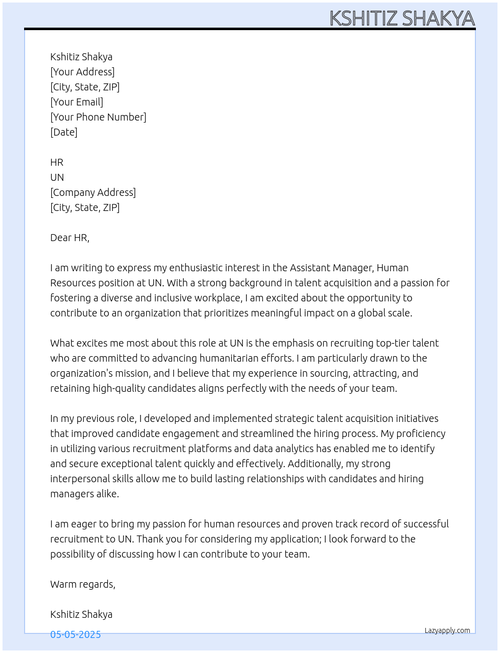 Assistant Manager human resource At UN Cover Letter