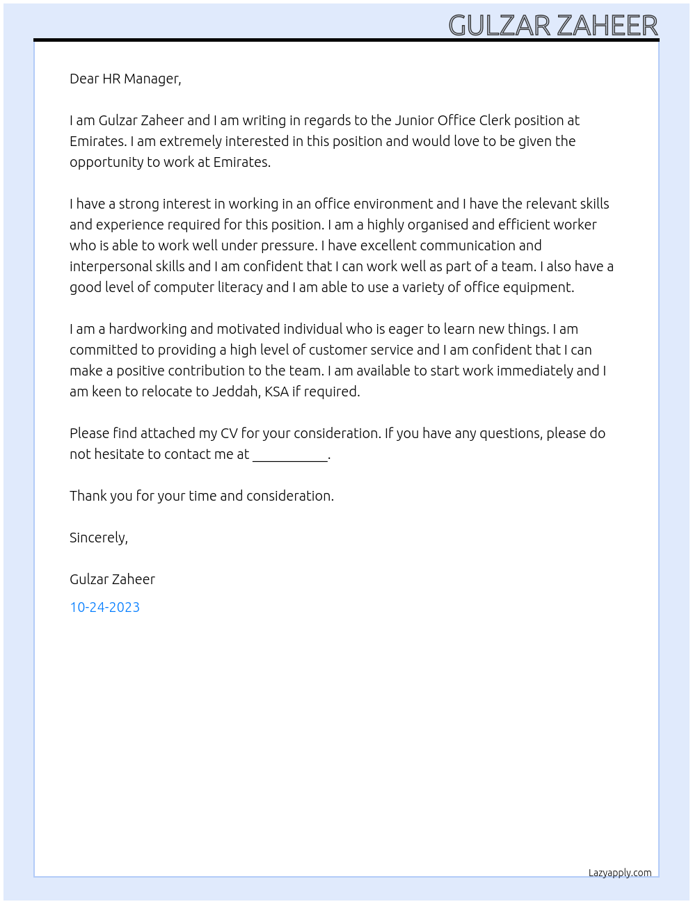 Junior Office Clerk At Emirates Cover Letter