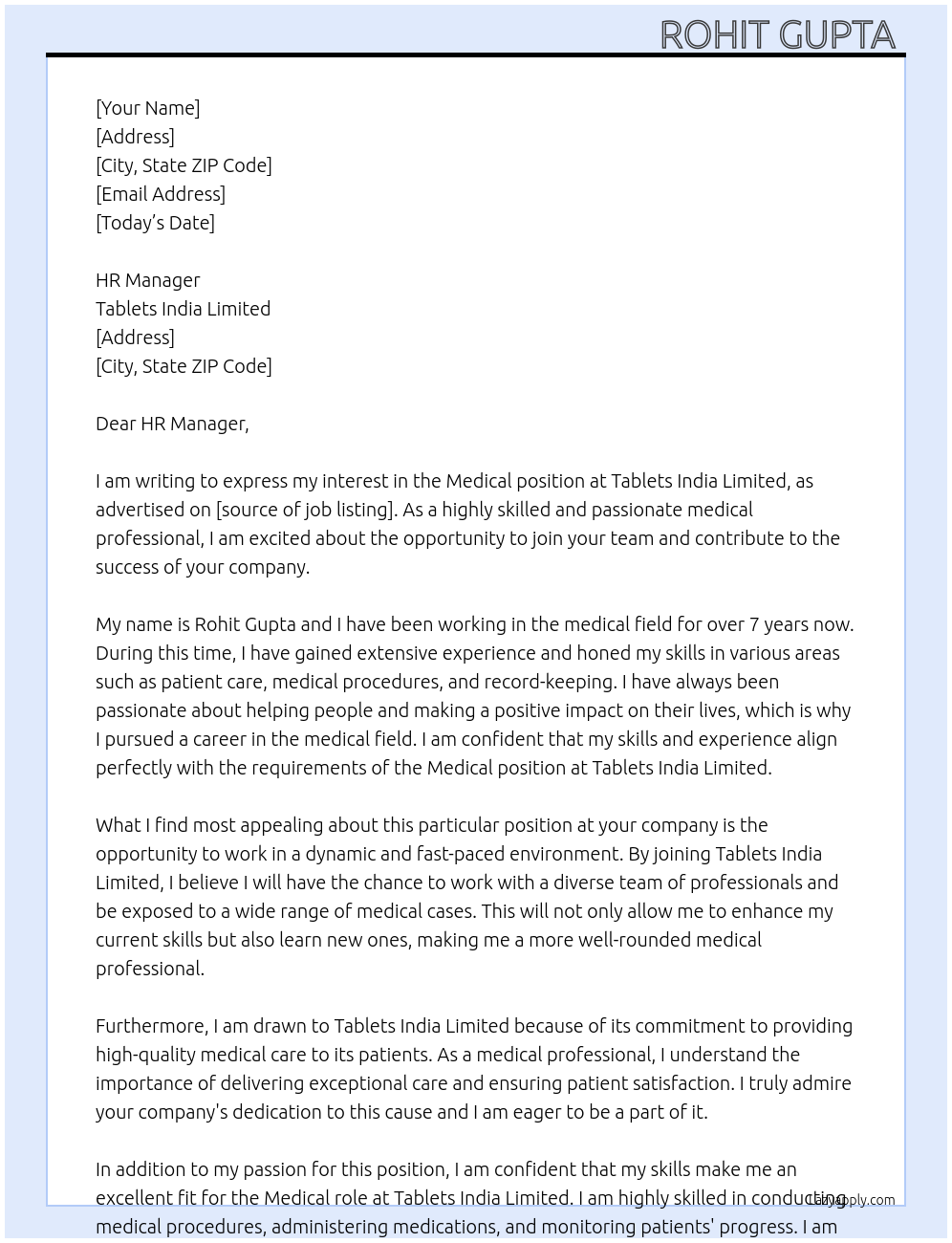 Medical  At Tablets india limited  Cover Letter