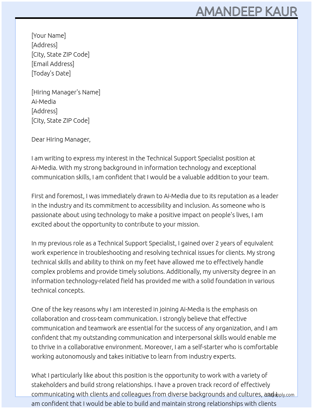 Technical Support Specialist At Ai-Media Cover Letter