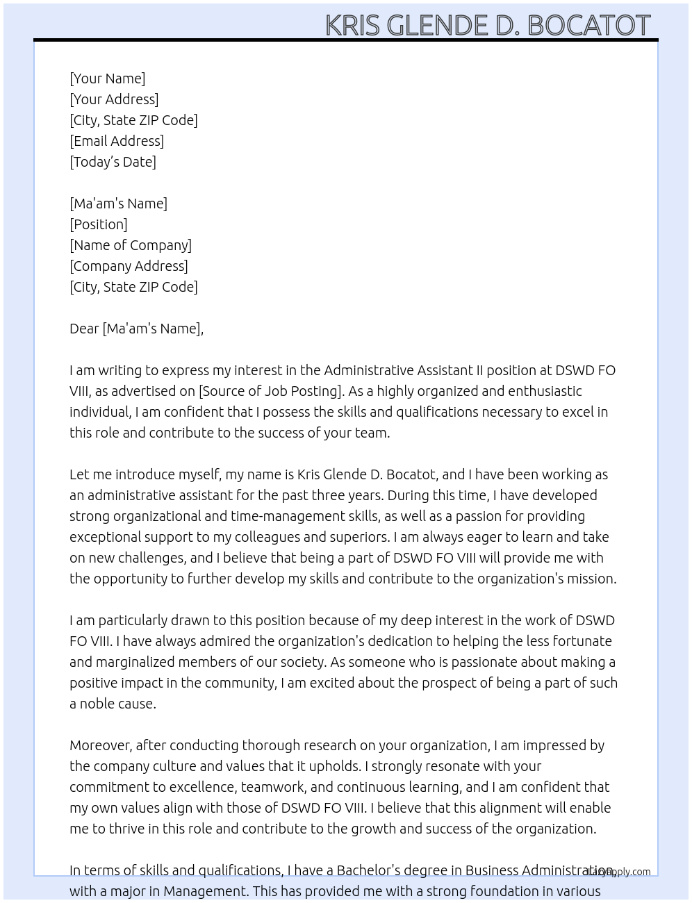 ADMINISTRATIVE ASSISTANT II At DSWD FO VIII Cover Letter