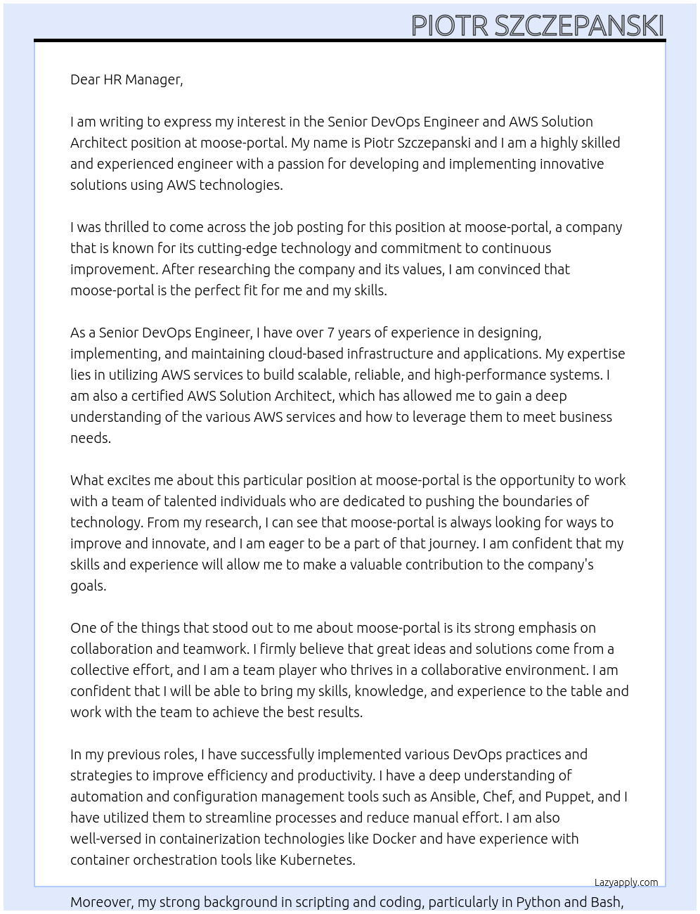 Cover letter for senior devops engineer, aws solution architect - LazyApply