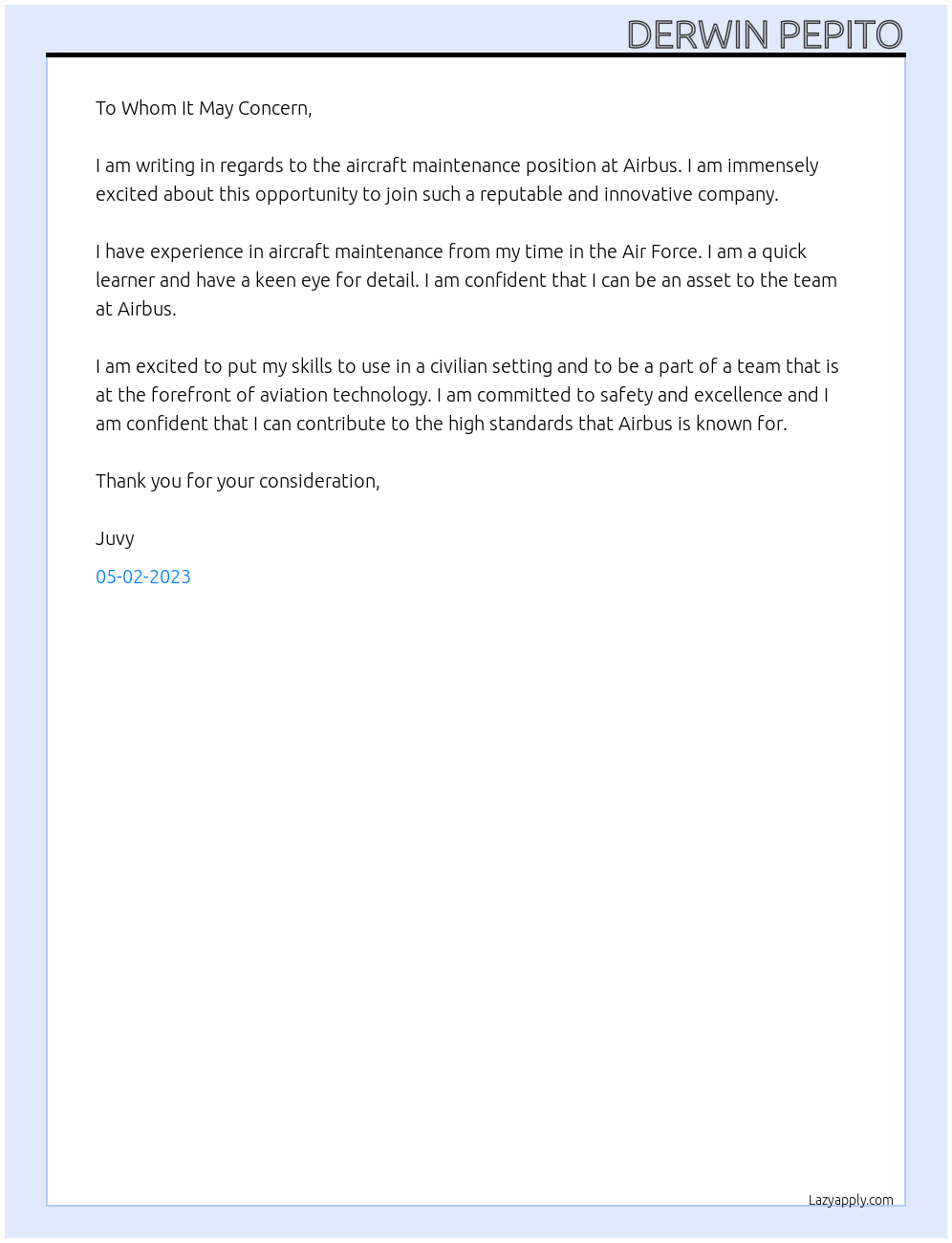 aircraft maintenance At airbus Cover Letter