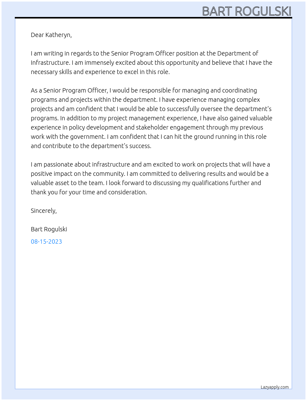 Senior Program Officer At Department of Infrastructure Cover Letter