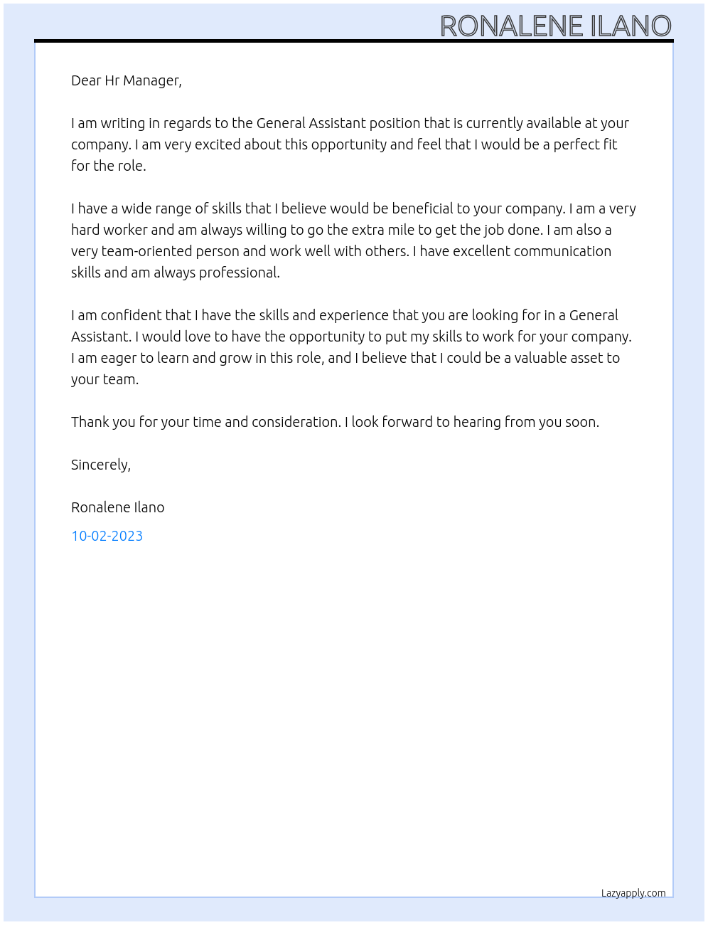 General Assistant At Ronalene Ilano Cover Letter