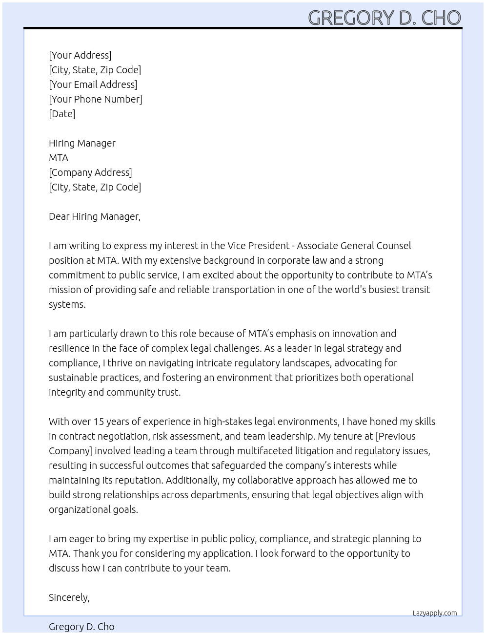 Cover letter for vice president - associate general counsel - LazyApply
