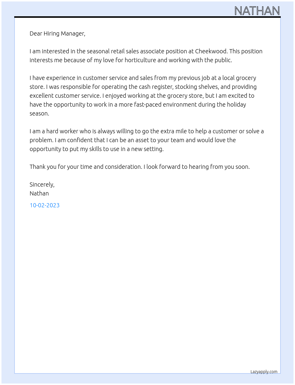 Seasonal Retail Sales Associate At Cheekwood Cover Letter