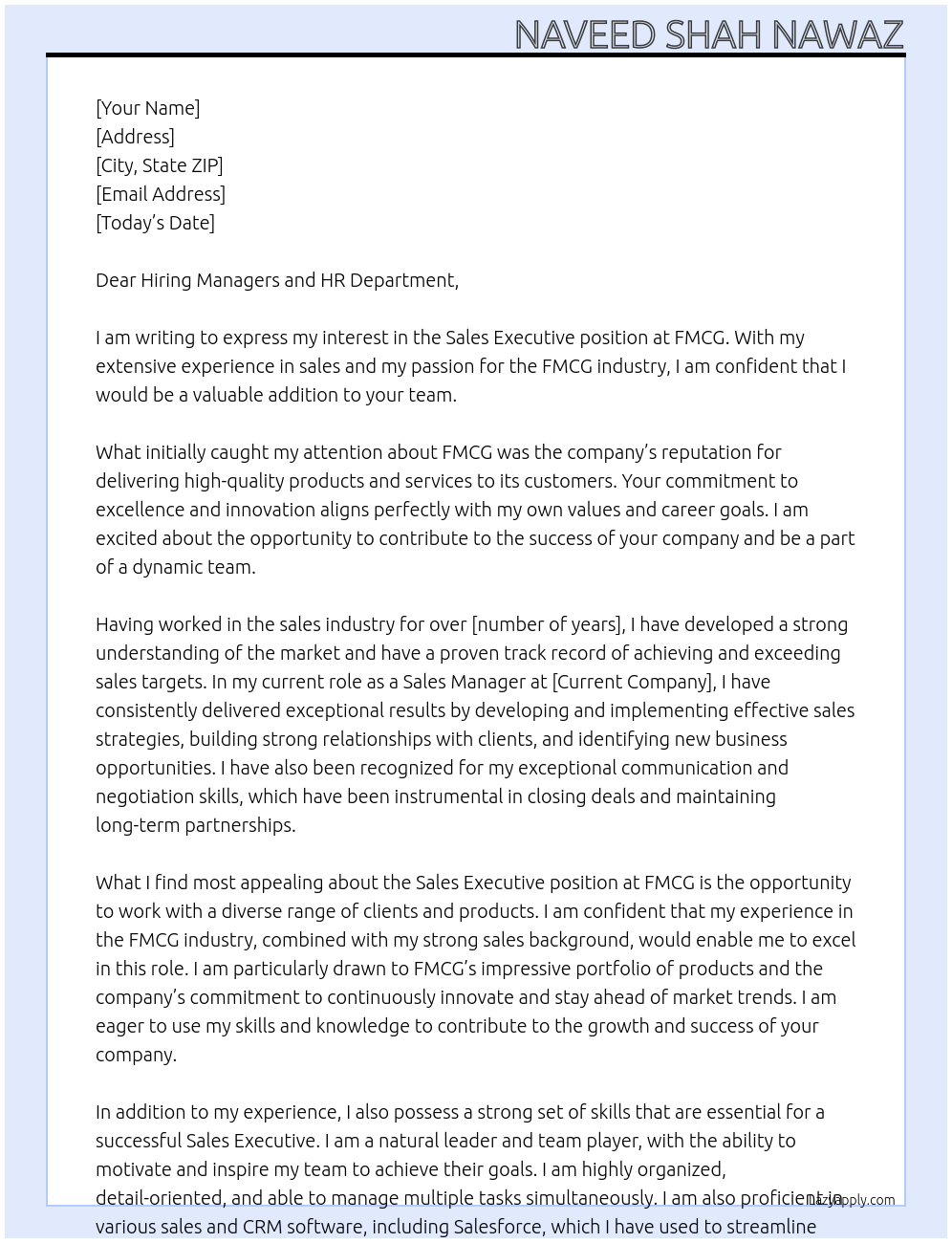 Sale executive At FMCG Cover Letter