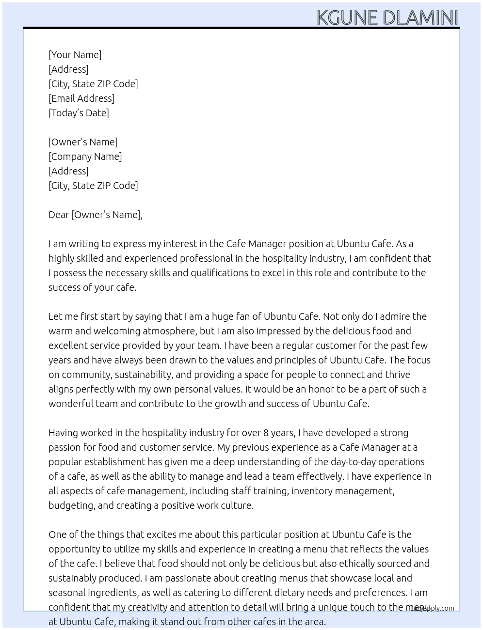 Cafe Manager At Ubuntu Cafe Cover Letter
