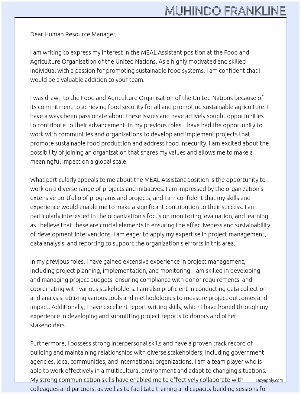 MEAL Assistant At FOOD AND AGRICULTURE ORGANISATION OF THE UNITED NATIONS Cover Letter