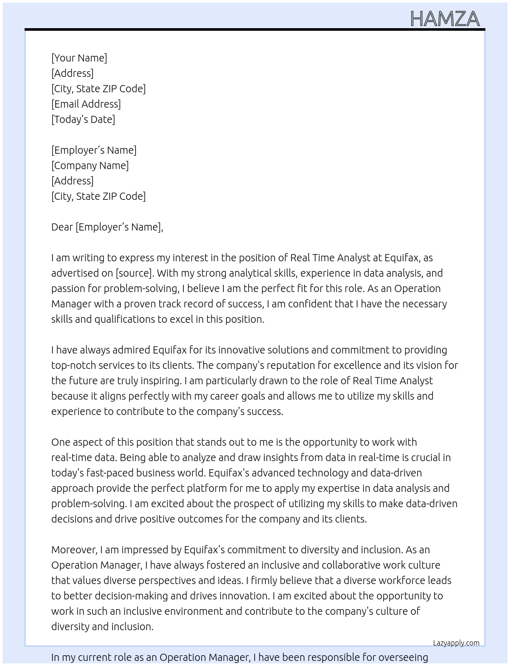 real time analyst At Equifax Cover Letter