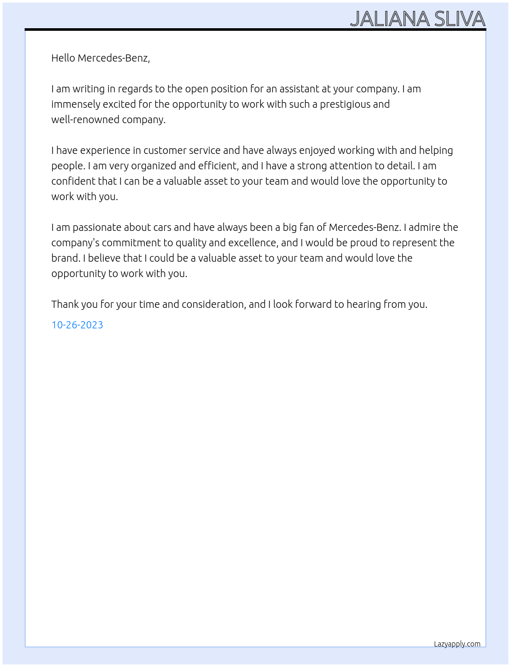 assistance  At MERCEDES-BENZ Cover Letter