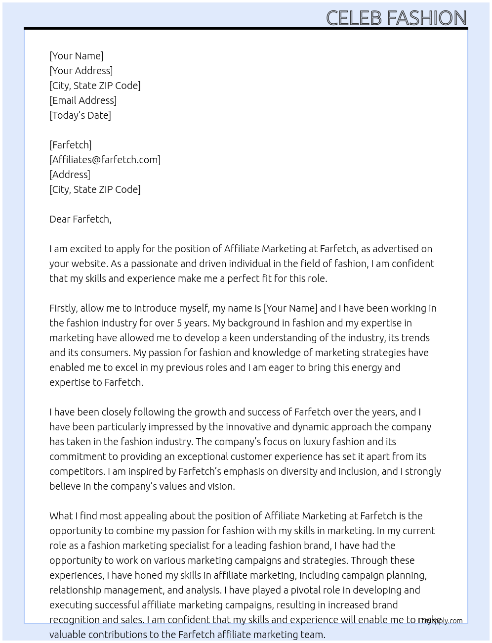 Affiliate marketing At affiliates@farfetch.com Cover Letter