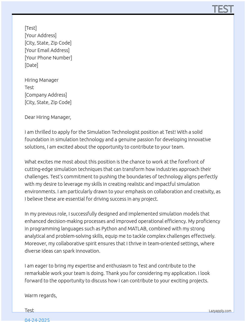 Simulation Technologist  At Test  Cover Letter