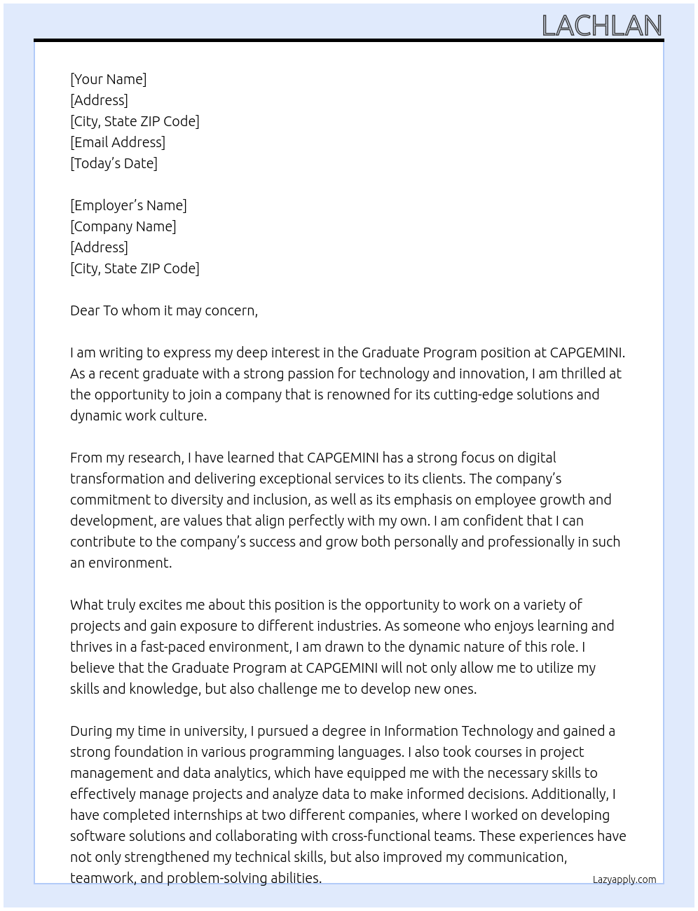 Graduate Program At CAPGEMINI Cover Letter