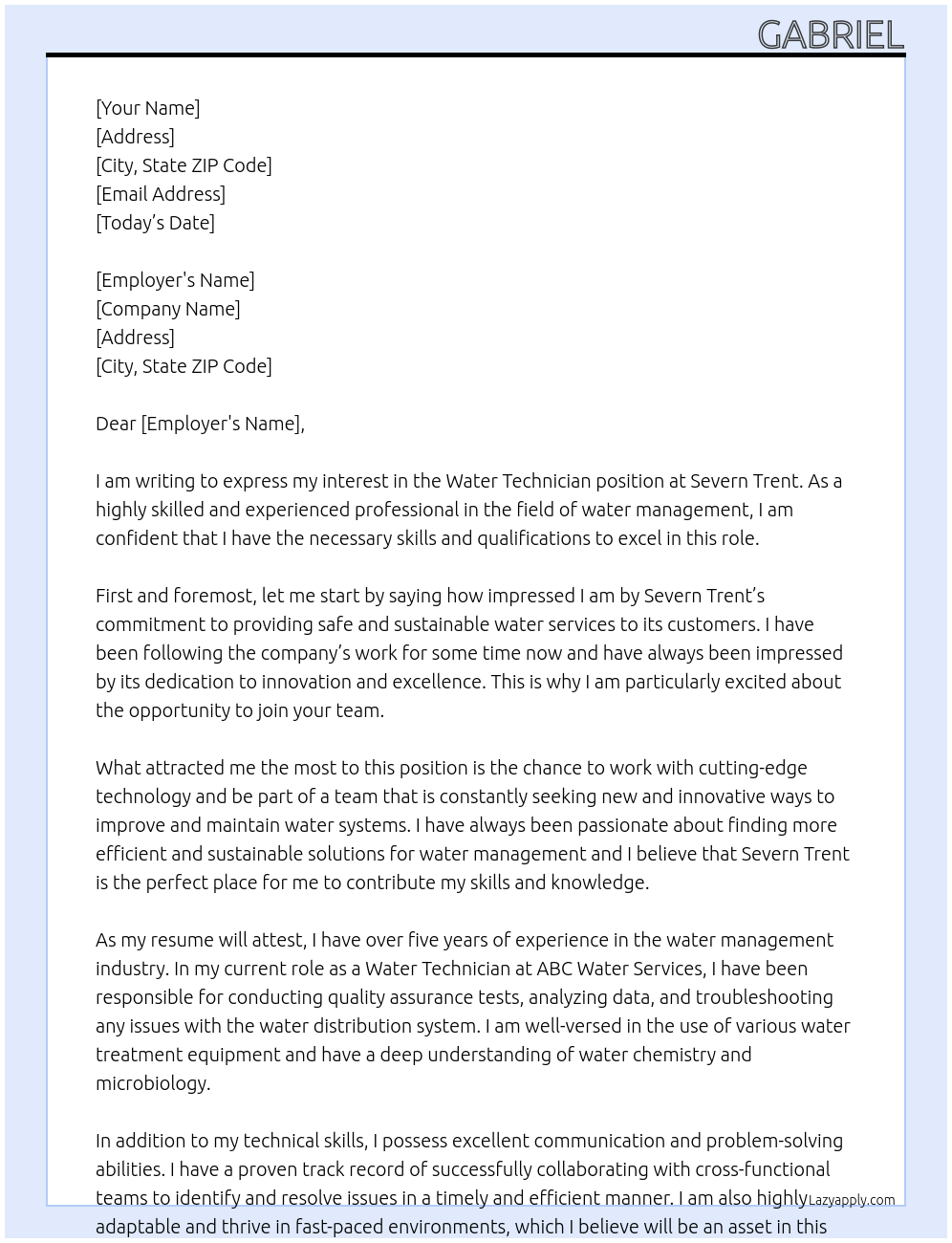 Water technician  At Severn Trent Cover Letter