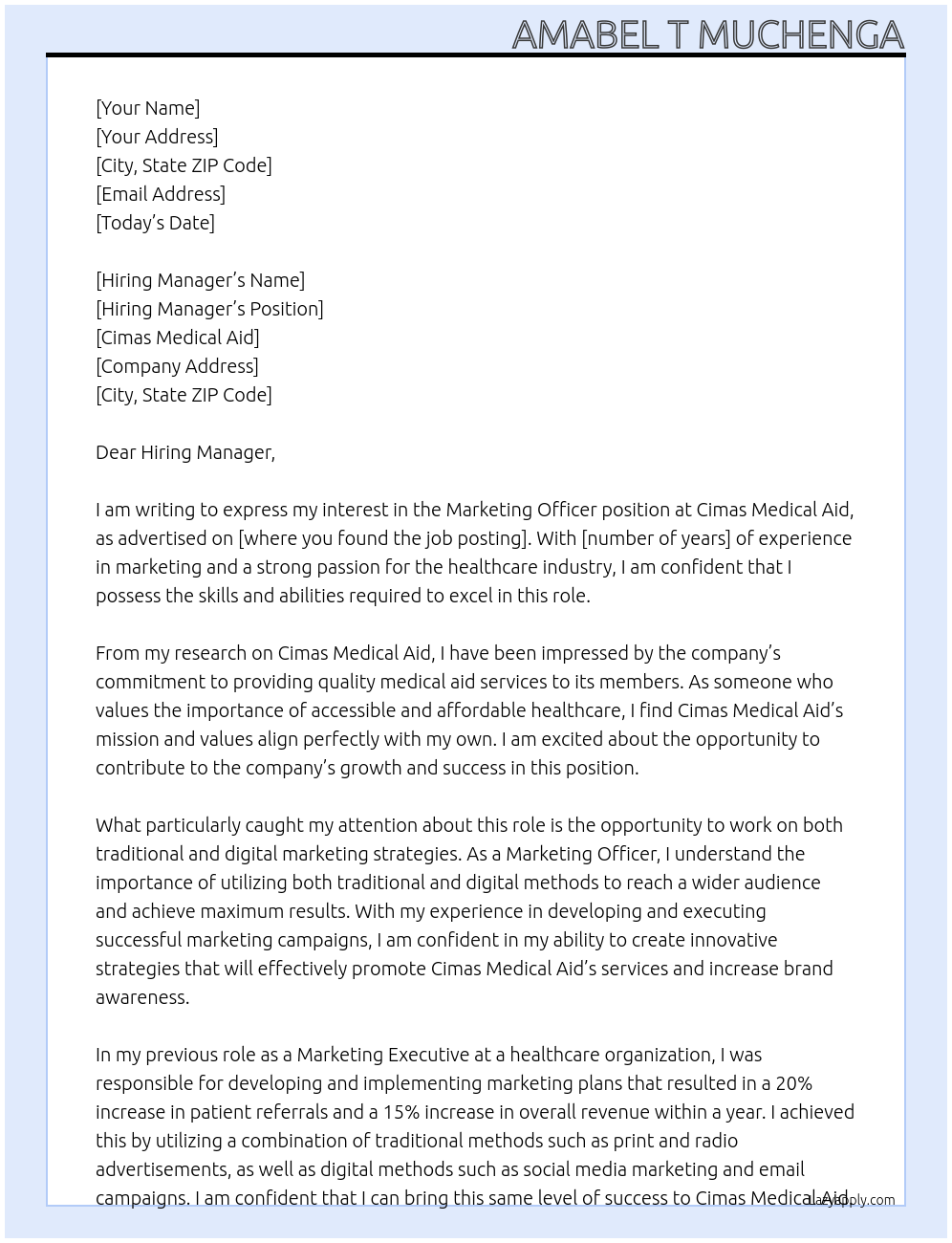 Marketing Officer At Cimas Medical Aid Cover Letter