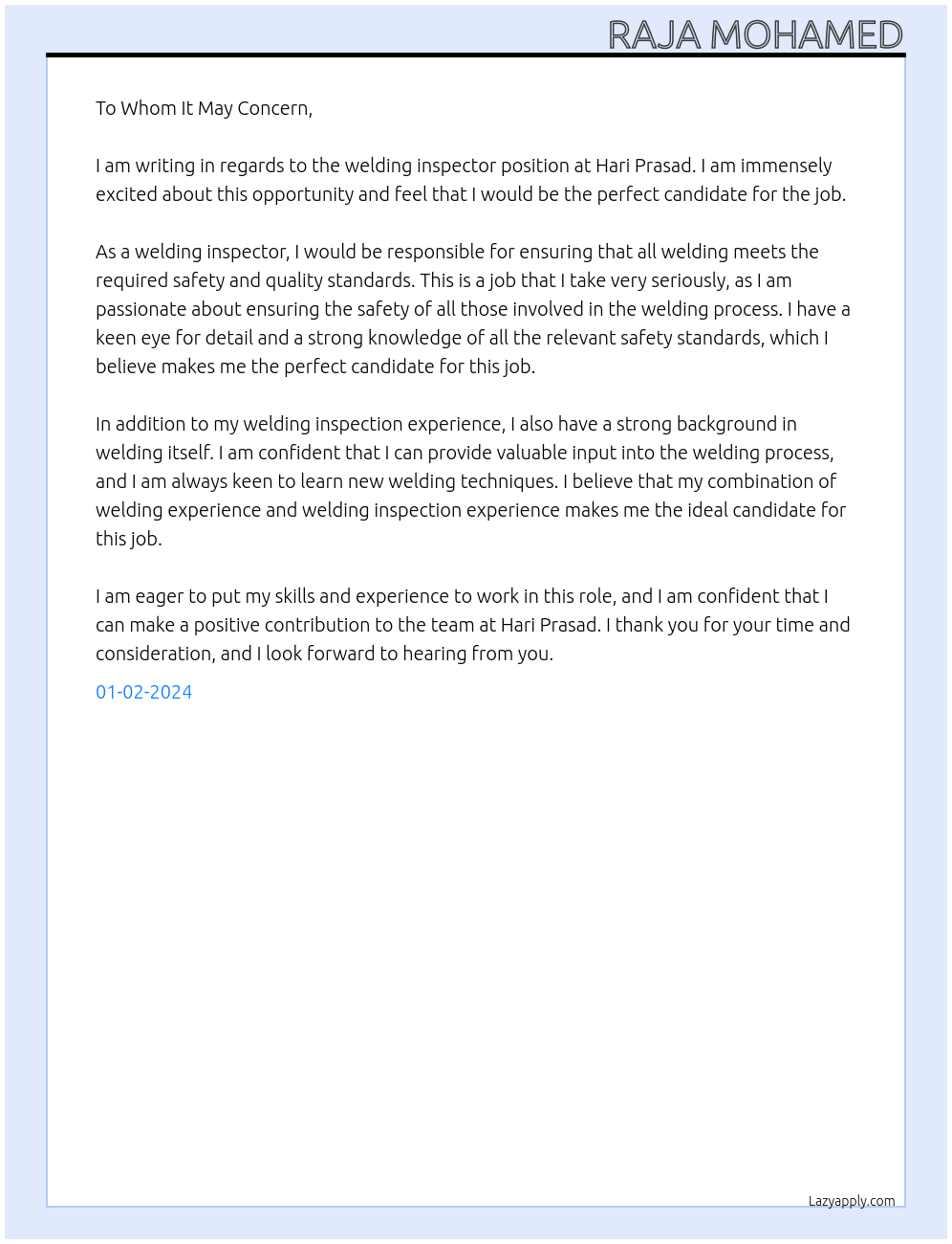 Welding inspector At Hari Prasad Cover Letter