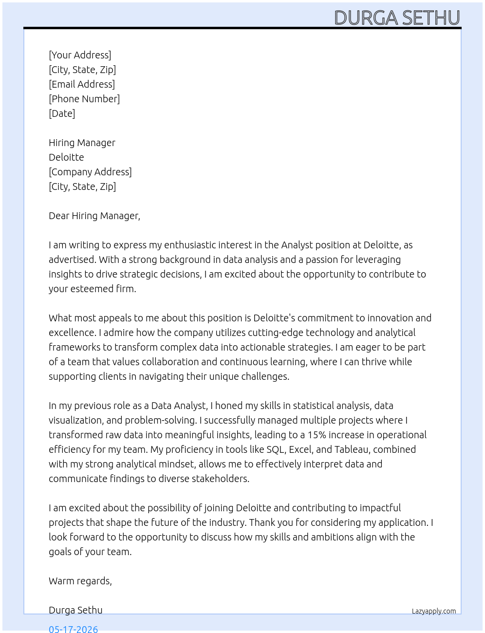 Analyst At Deloitte Cover Letter