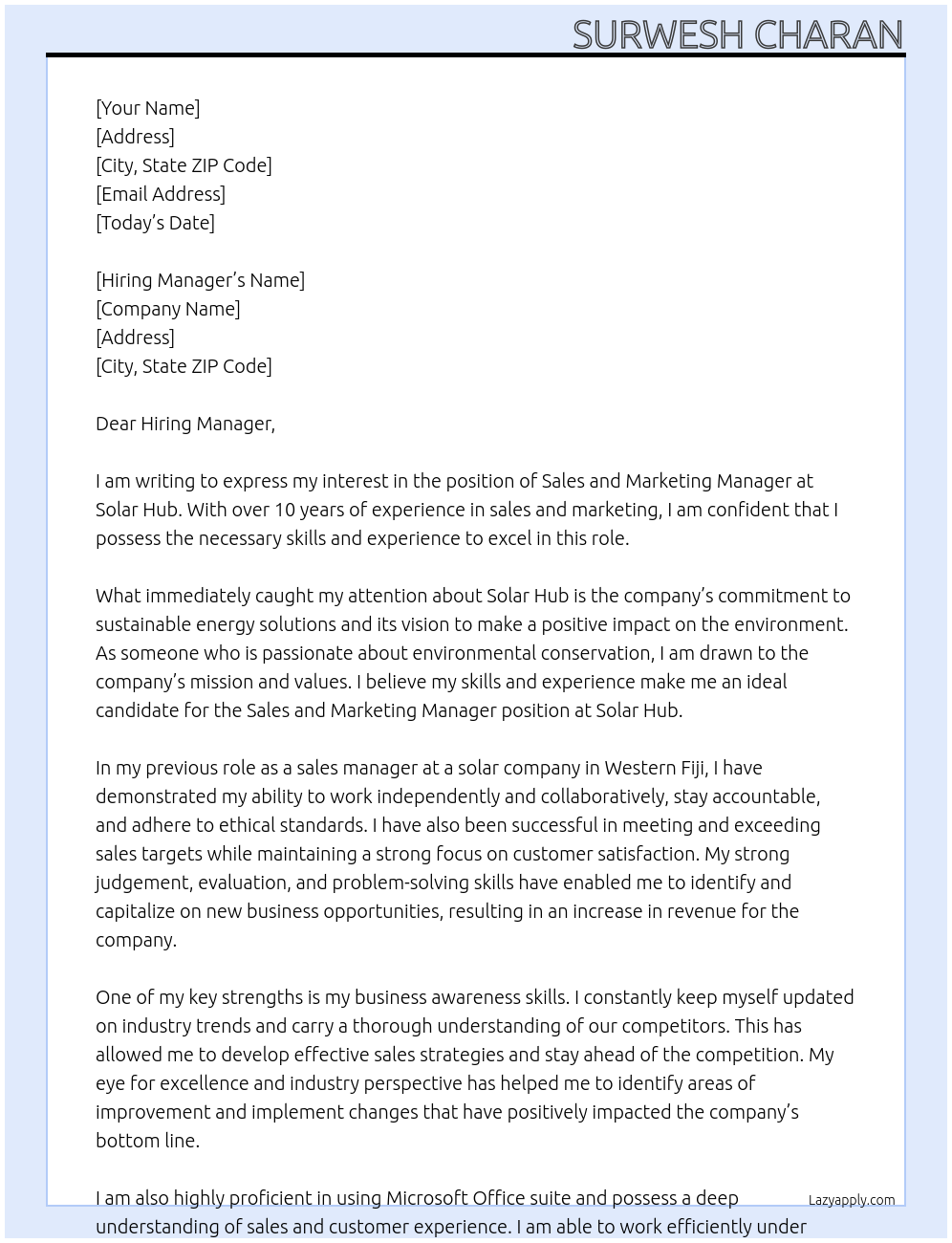 Sales and Marketing manager At Solar Hub Cover Letter